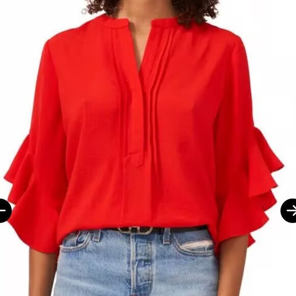 VINCE CAMUTO Ruffle Sleeve Split Neck Blouse Cherry Red size Small. - Picture 5 of 13